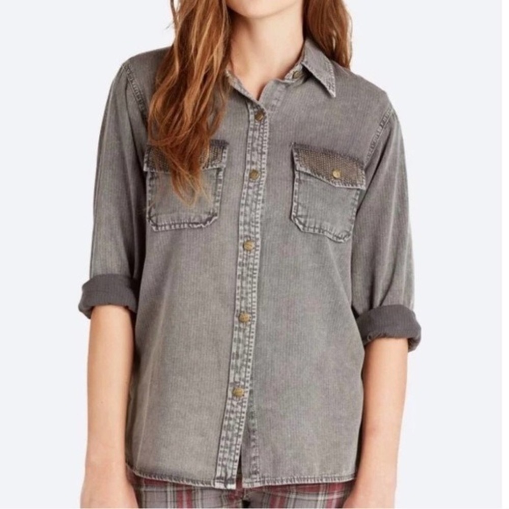 Current/Elliott Perfect Shirt Women Size‎ 6 Grey Pinstripe Studded Denim Button
